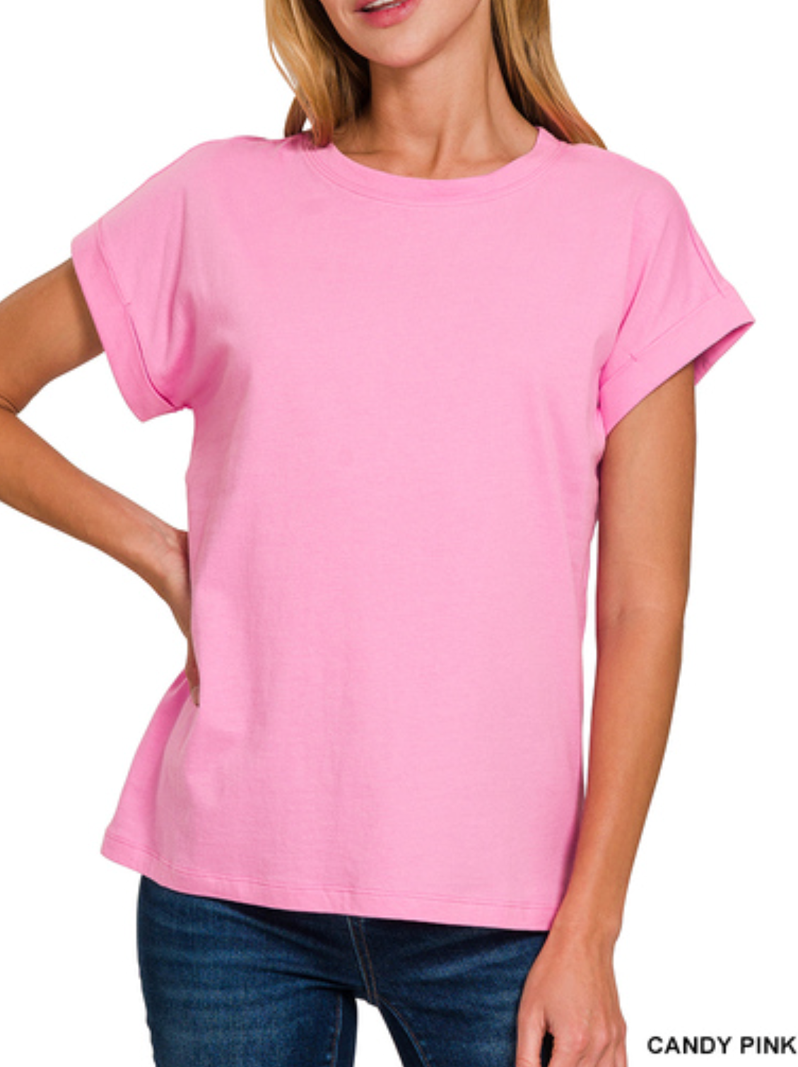 COTTON FOLDED SLEEVE TSHIRT - CANDY PINK